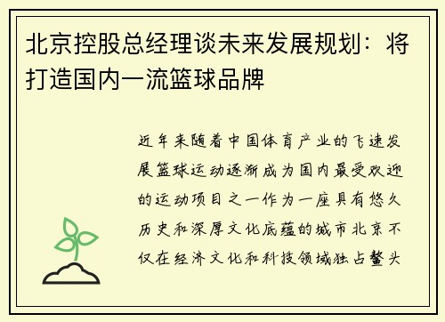 北京控股总经理谈未来发展规划：将打造国内一流篮球品牌