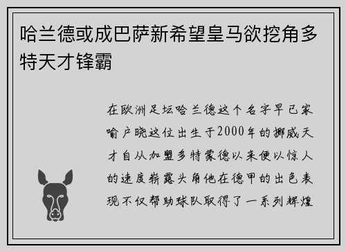 哈兰德或成巴萨新希望皇马欲挖角多特天才锋霸